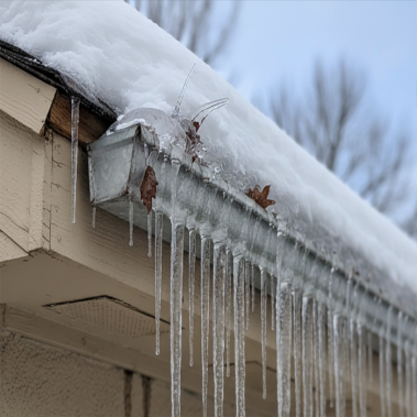 Frozen gutter clogged with leaves and ice after the 2026 Ohio snowstorm.