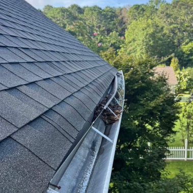 Gutter pulling away from fascia board after January ice dam expansion on a home in Westerville, OH.