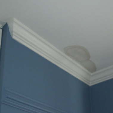 Water stains on a ceiling caused by an ice dam backup in a Central Ohio home.